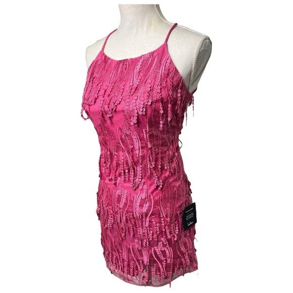New Lulus Dress Womens M Making Magic Fringe Lace Up Mini Overlay Bright Pink - Picture 9 of 16